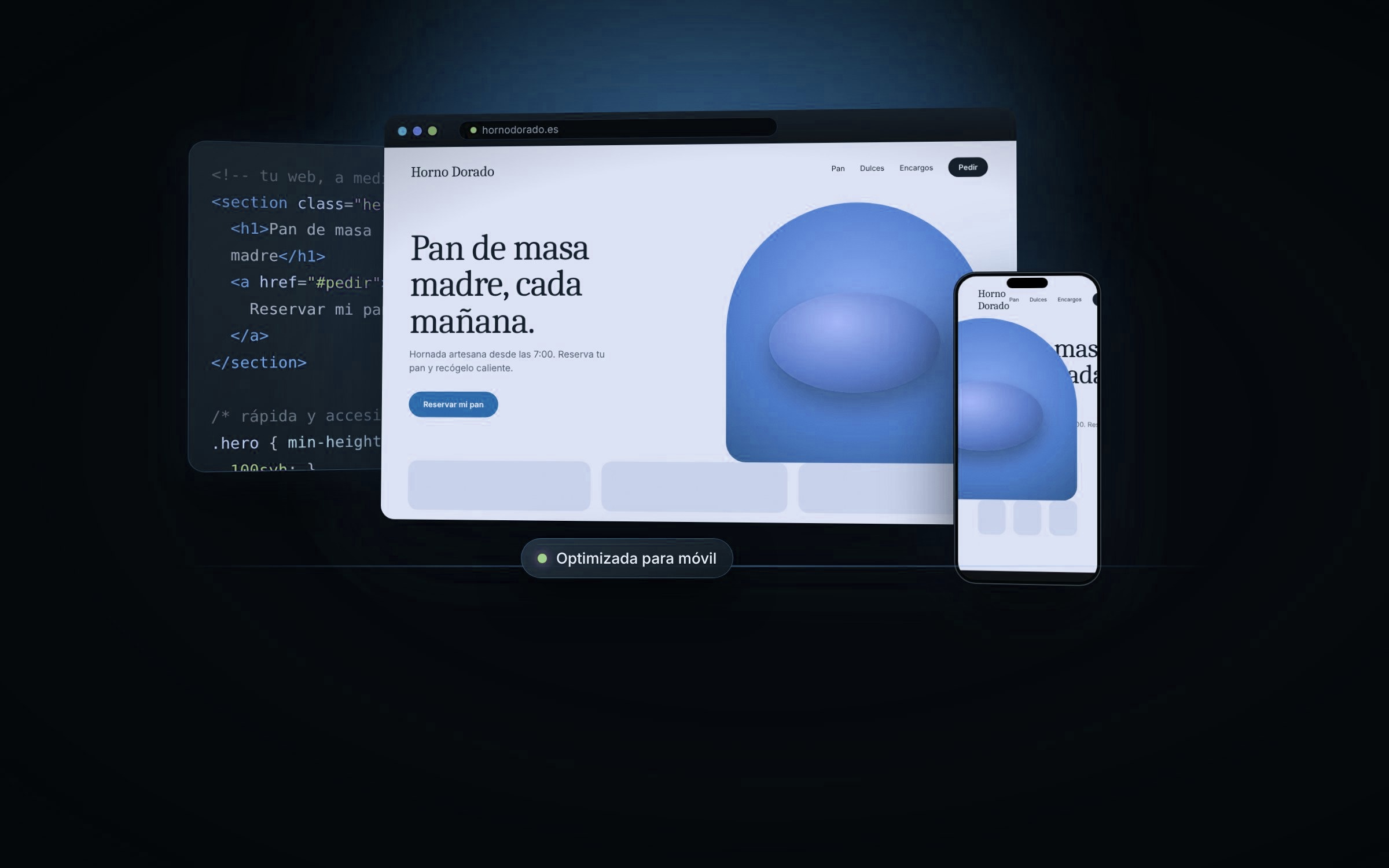 Portátil y móvil mostrando una web a medida junto a su código